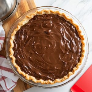 A homemade German chocolate pie with a smooth, glossy chocolate filling in a golden, crimped pie crust, set on a wooden board over a marble countertop.