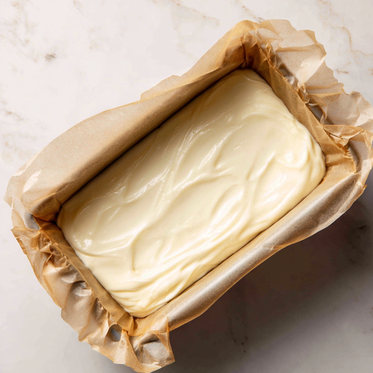 Unbaked Basque cheesecake batter in a parchment-lined loaf pan, with a smooth, creamy surface and soft swirls on top.