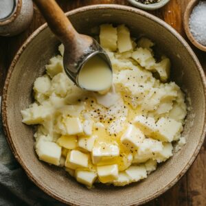 Overhead view of mashed potatoes in a bowl with melting butter, black pepper, and milk being poured in, on a rustic wooden surface.