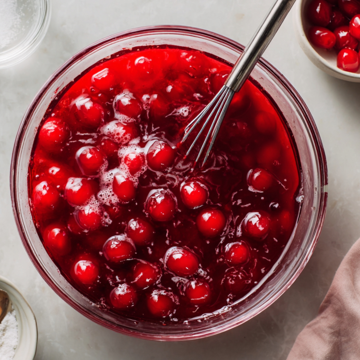 Homemade cherry Jello and pie filling mixture being gently whisked in a glass bowl for cherry poke cake.