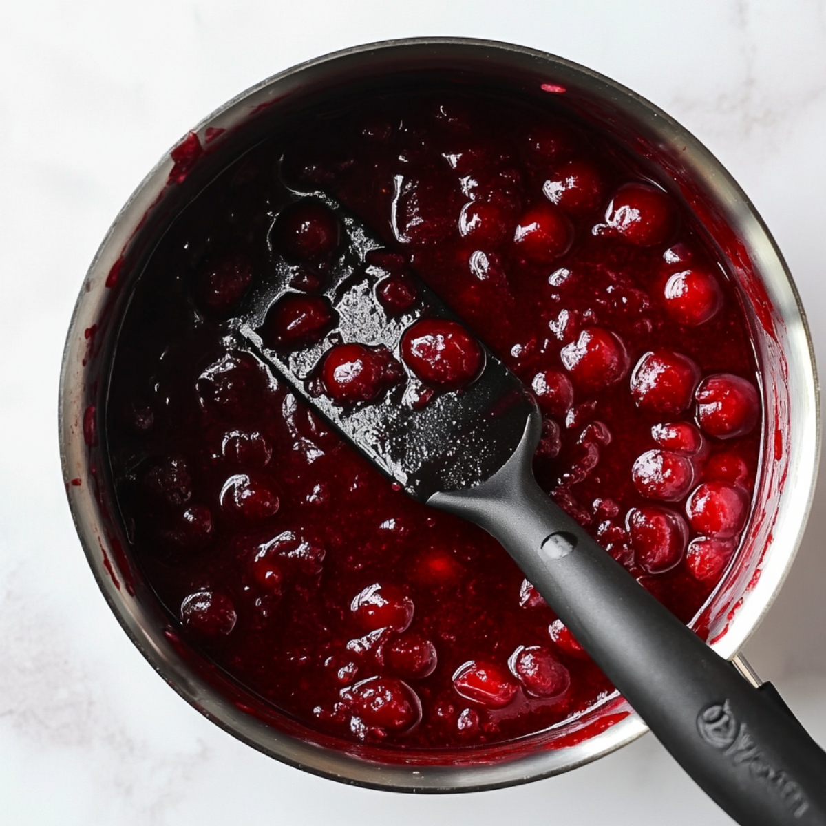 Thick cherry filling with whole cherries in a saucepan, stirred with a black spatula, part of homemade Black Forest brownie preparation.