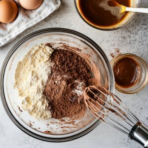 A glass bowl with flour, cocoa powder, and sugar being whisked for chocolate caramel cake, surrounded by eggs, caramel sauce, and a bowl of coffee mixture on a kitchen counter.
