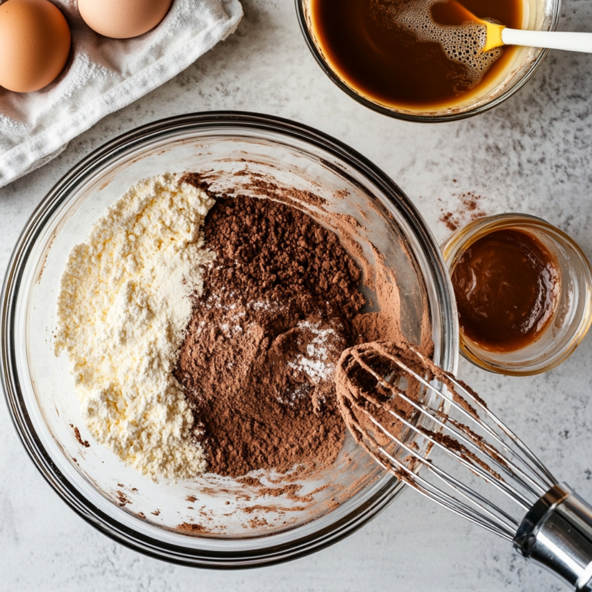 A glass bowl with flour, cocoa powder, and sugar being whisked for chocolate caramel cake, surrounded by eggs, caramel sauce, and a bowl of coffee mixture on a kitchen counter.