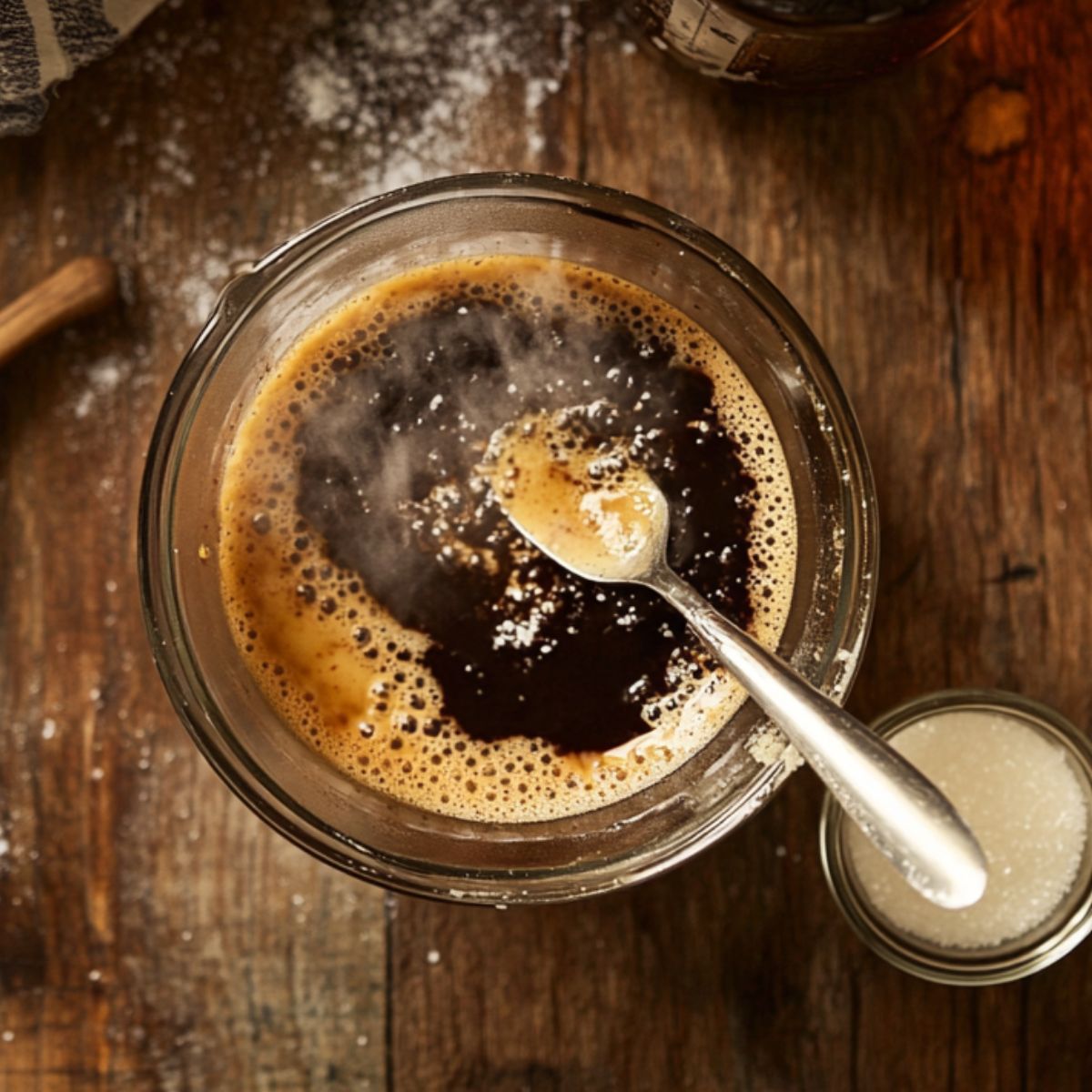 Glass bowl of hot espresso with sugar being stirred in, releasing light steam, on a rustic wooden counter beside a jar of granulated sugar.