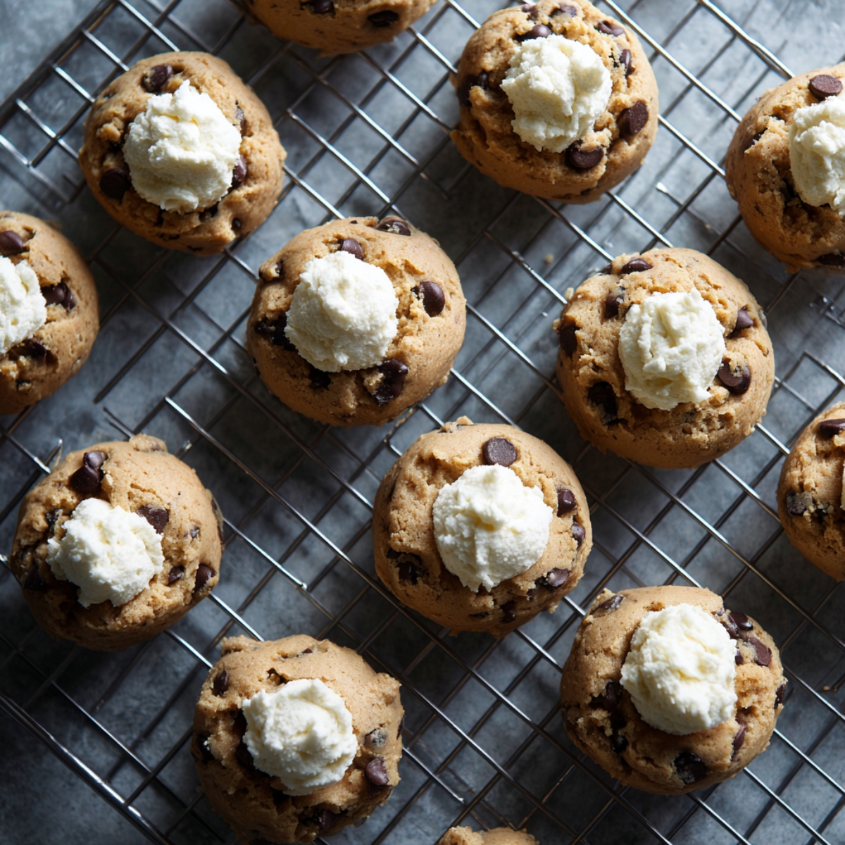 Freshly baked chocolate chip cookies cooling on a wire rack, each with a dollop of creamy cheesecake filling in the center. Cookies are golden brown with visible chocolate chips and a soft, thick texture.