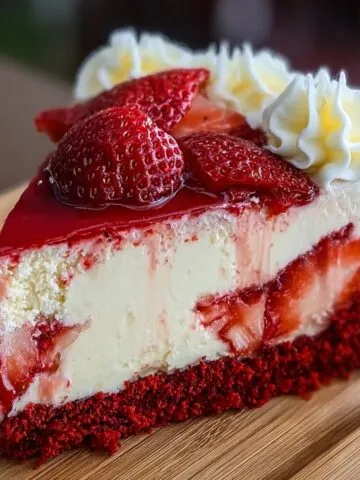 A realistic slice of homemade red velvet strawberry cheesecake with a red velvet base, creamy cheesecake center, strawberry chunks, glossy strawberry topping, and whipped cream swirls on a wooden tray.