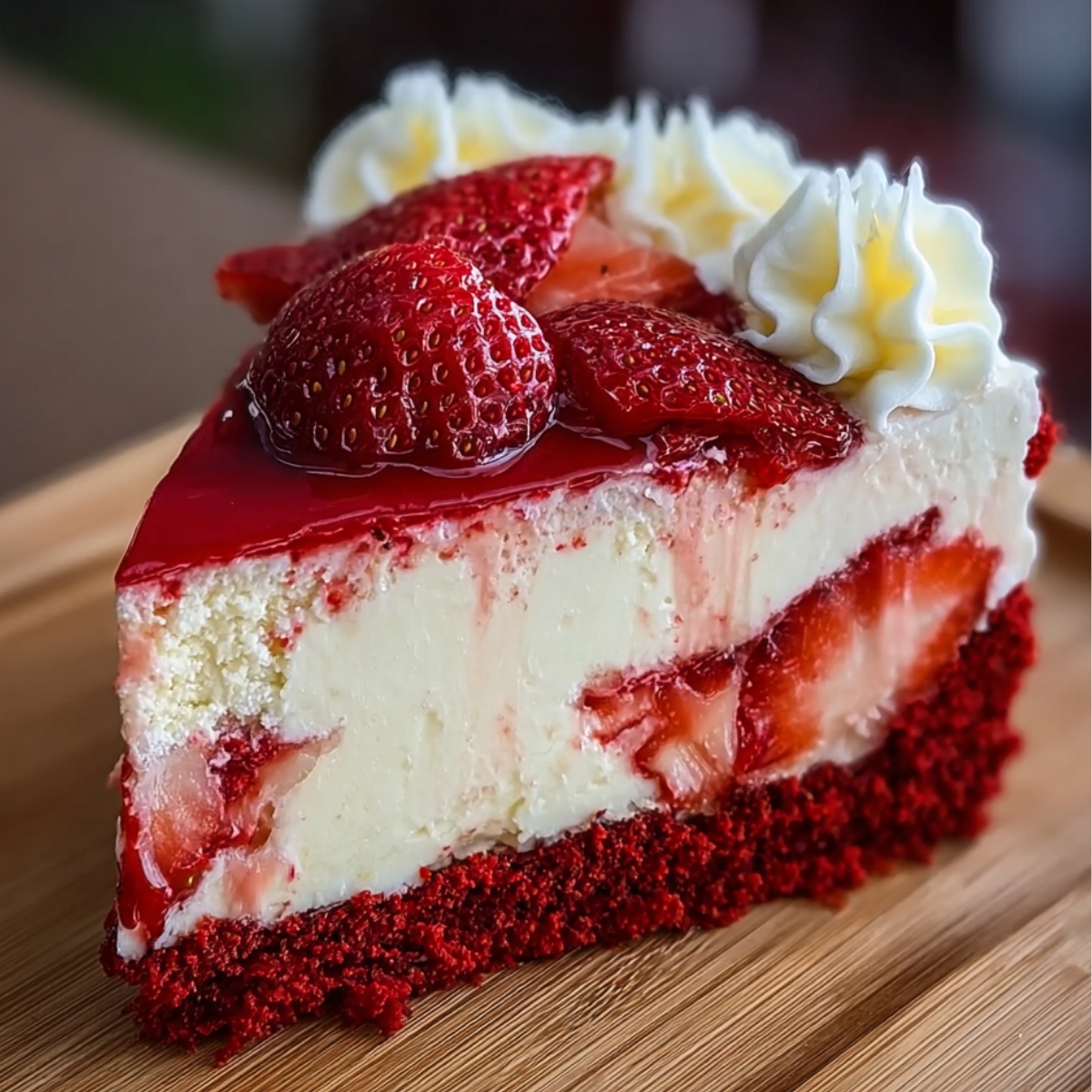 A realistic slice of homemade red velvet strawberry cheesecake with a red velvet base, creamy cheesecake center, strawberry chunks, glossy strawberry topping, and whipped cream swirls on a wooden tray.