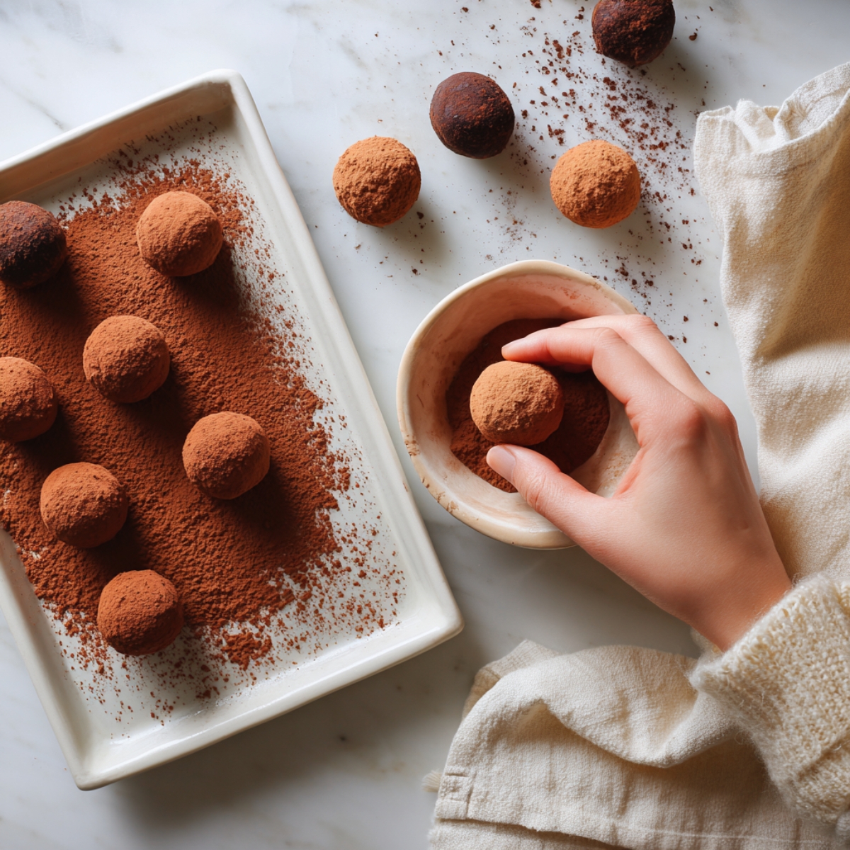 Hand rolling a homemade tiramisu ball in cocoa powder, with several finished balls on a white tray and a soft kitchen towel on a marble countertop.