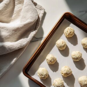 Homemade tiramisu balls arranged in neat rows on a parchment-lined baking sheet, ready to chill. Natural daylight casts soft shadows, with a beige kitchen towel beside the tray on a white marble countertop.