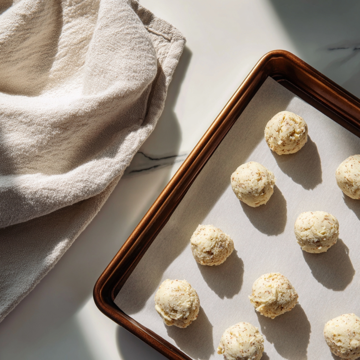 Homemade tiramisu balls arranged in neat rows on a parchment-lined baking sheet, ready to chill. Natural daylight casts soft shadows, with a beige kitchen towel beside the tray on a white marble countertop.