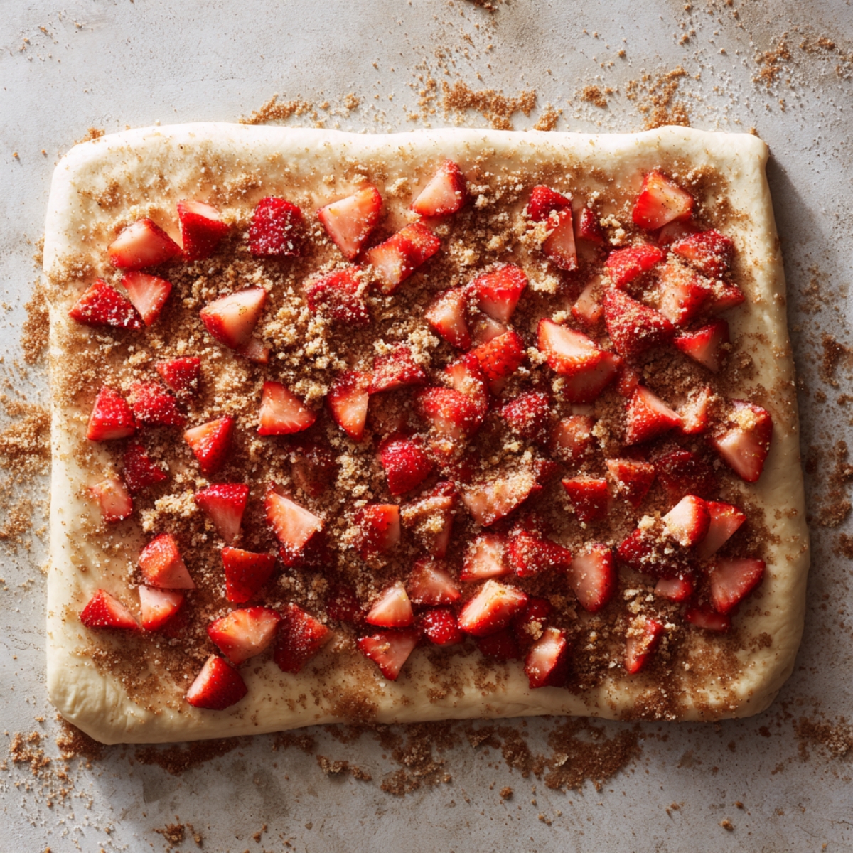 Unbaked dough for strawberry cheesecake cinnamon rolls spread with brown sugar and fresh strawberry pieces, ready to be rolled up on a floured surface.