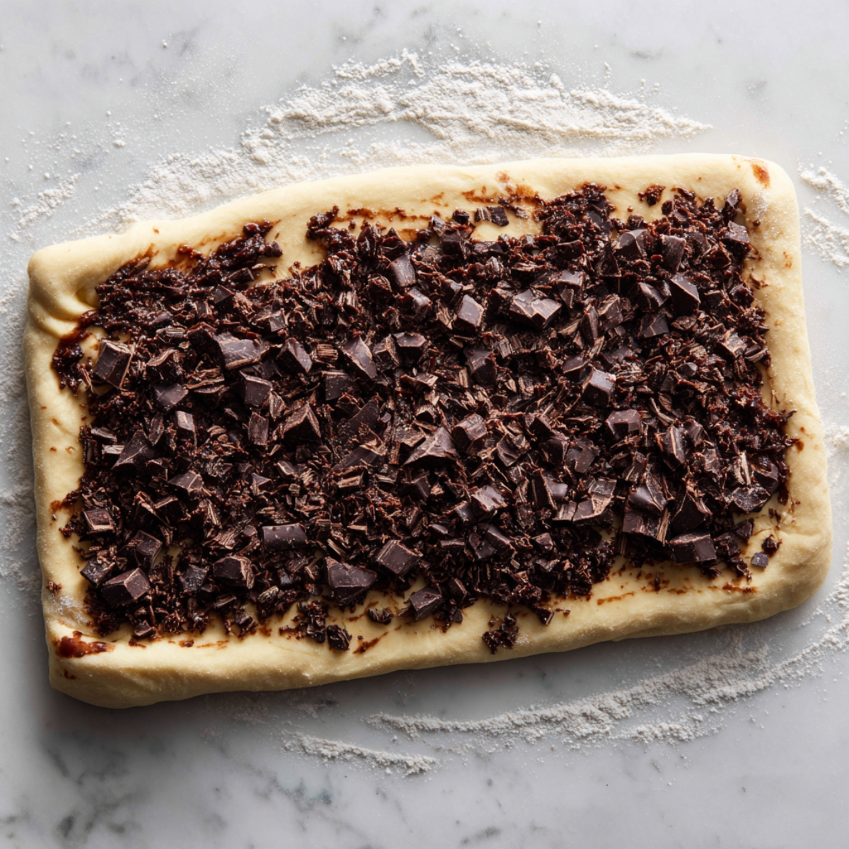 Rolled-out cinnamon roll dough generously topped with chopped dark chocolate on a floured marble surface, ready to be rolled into homemade chocolate cinnamon rolls.
