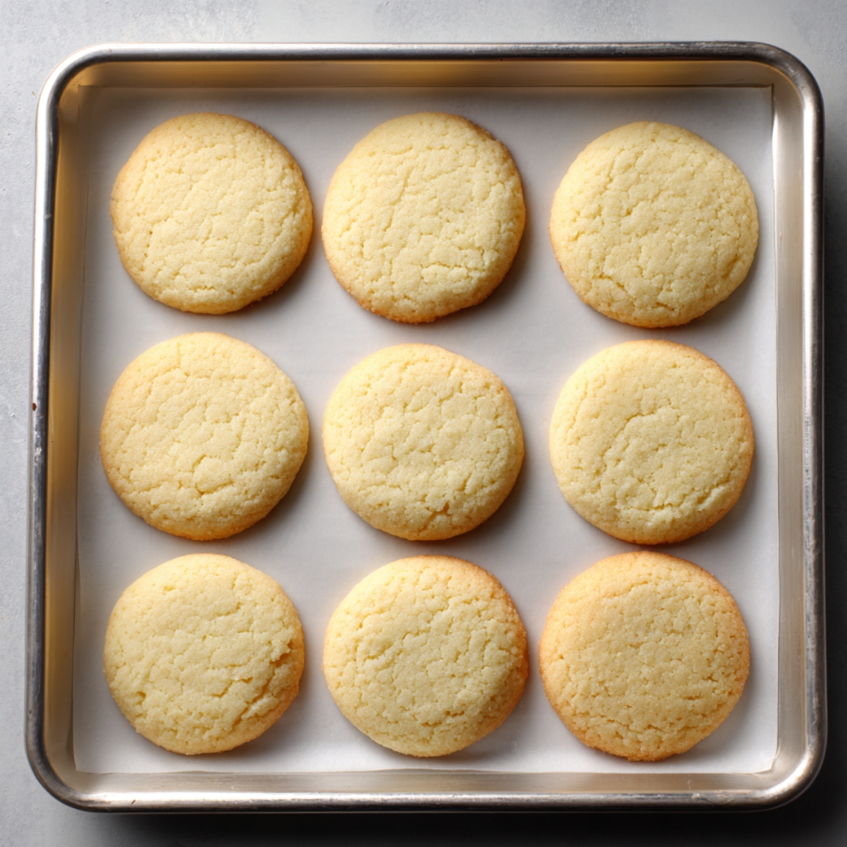 Freshly baked sugar cookies for strawberry lemonade cookies on a parchment-lined baking sheet. The cookies are round, pale golden, and slightly cracked on top with lightly browned edges, arranged in neat rows under natural light.