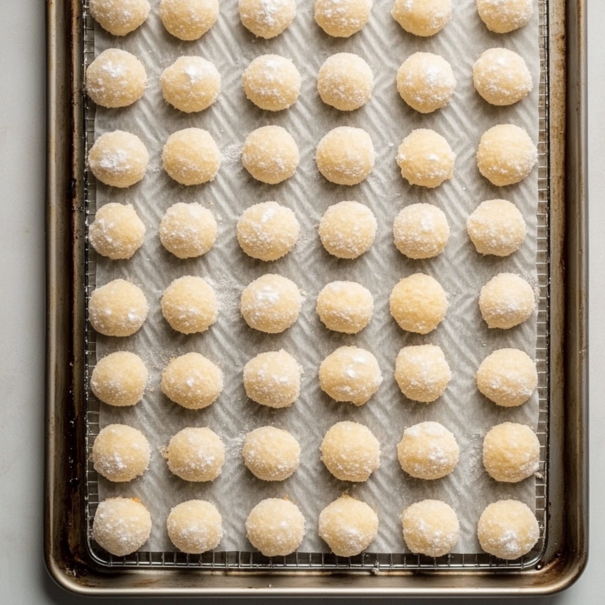 Raw Italian wedding cookie dough balls rolled in sugar, arranged neatly on a parchment-lined baking sheet ready for the oven.