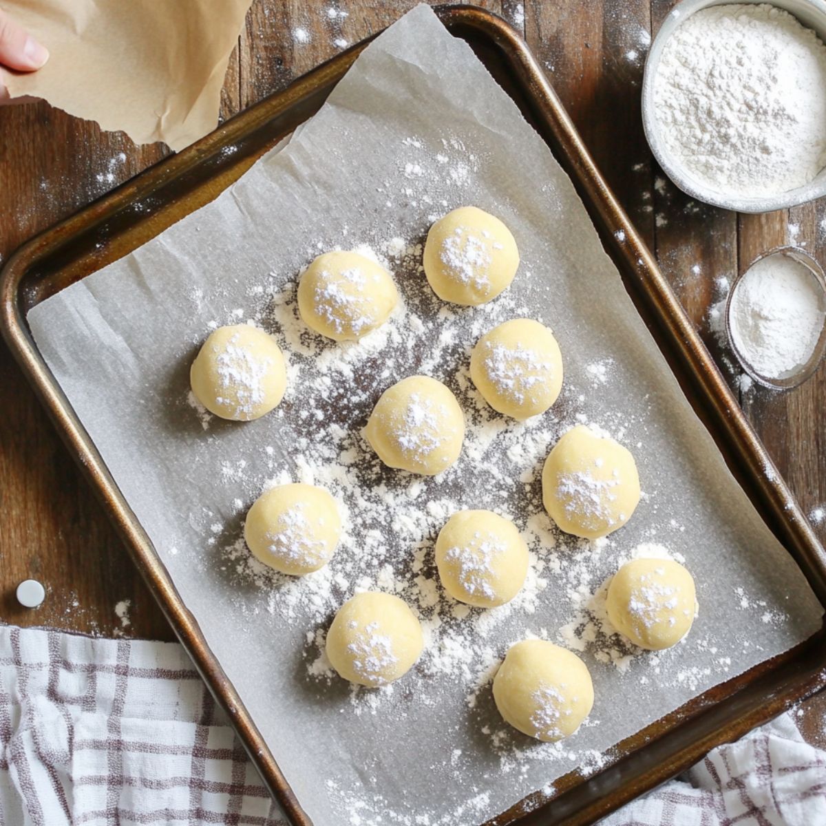 Lemon cookie dough balls rolled in powdered sugar on a parchment-lined baking sheet, ready to bake with flour scattered around.