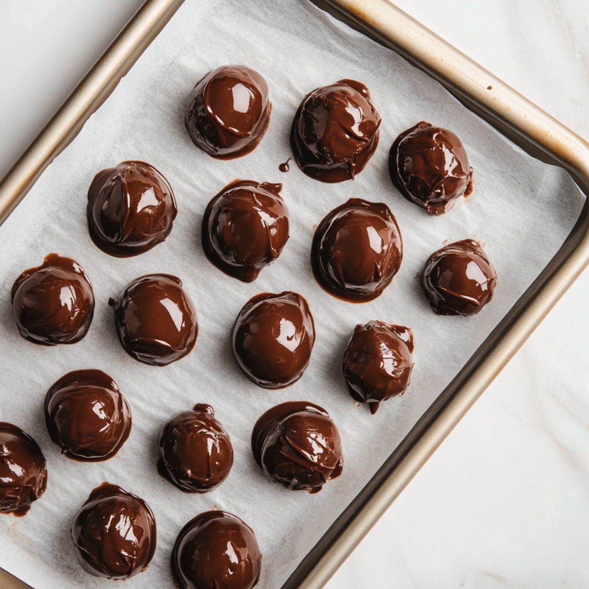 A tray of freshly coated chocolate truffles on parchment paper, with glossy melted chocolate still setting.