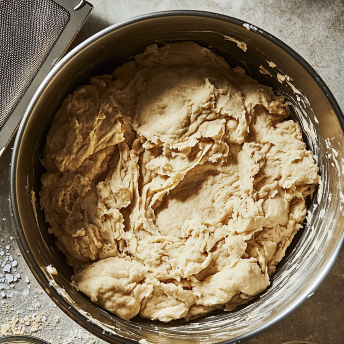 A metal mixing bowl filled with shaggy, just-mixed dough for Italian wedding cookies, showing a rough, uneven texture on a floured kitchen surface.
