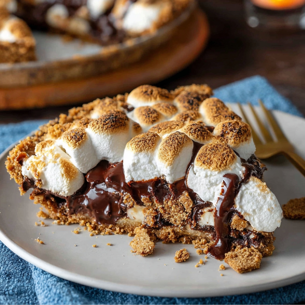 s'mores pie slice with toasted marshmallows, melted chocolate, and graham cracker crust on a plate with a gold fork.