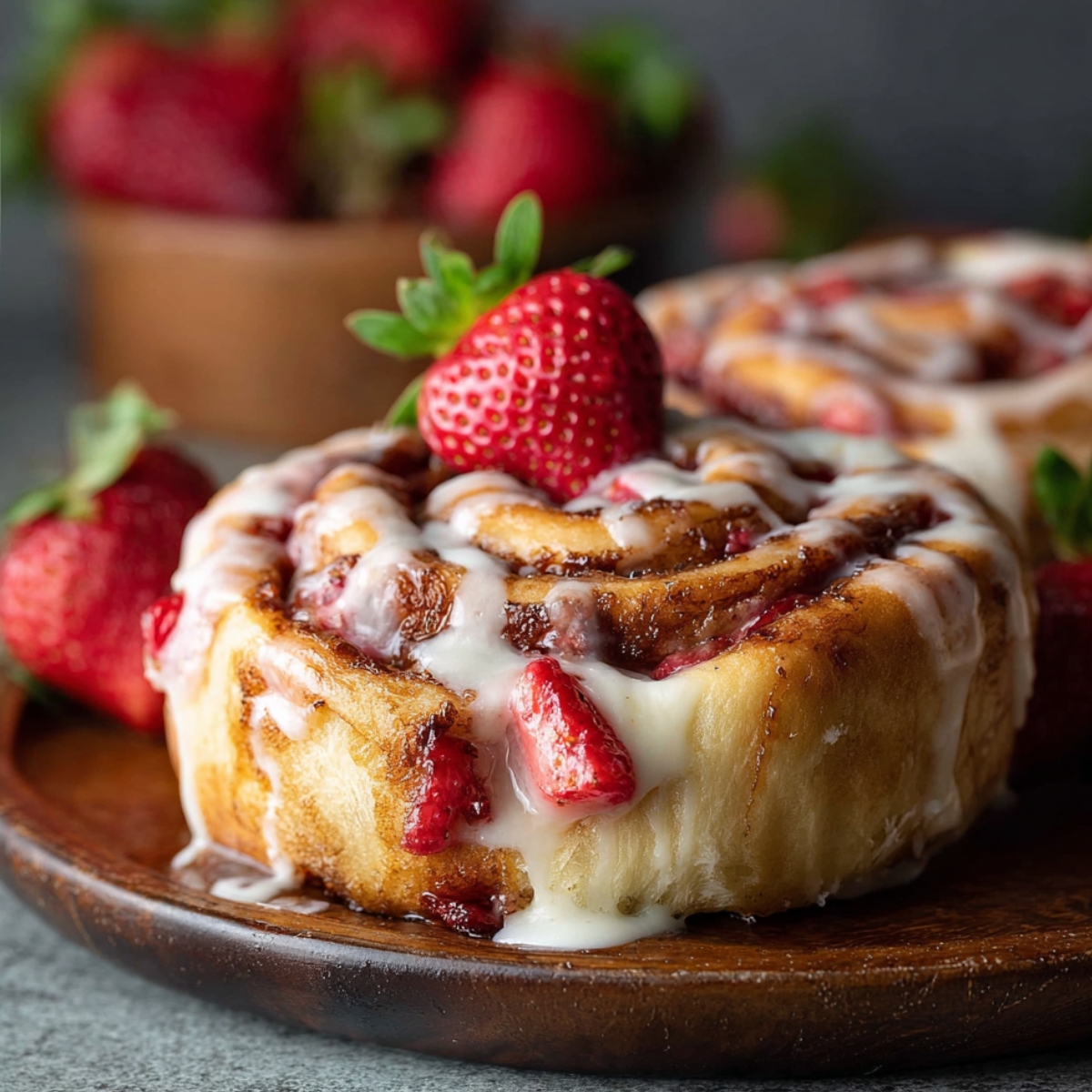 Homemade strawberry cheesecake cinnamon roll topped with rich cream cheese glaze and a fresh whole strawberry, served on a rustic wooden plate with more strawberries in the background.