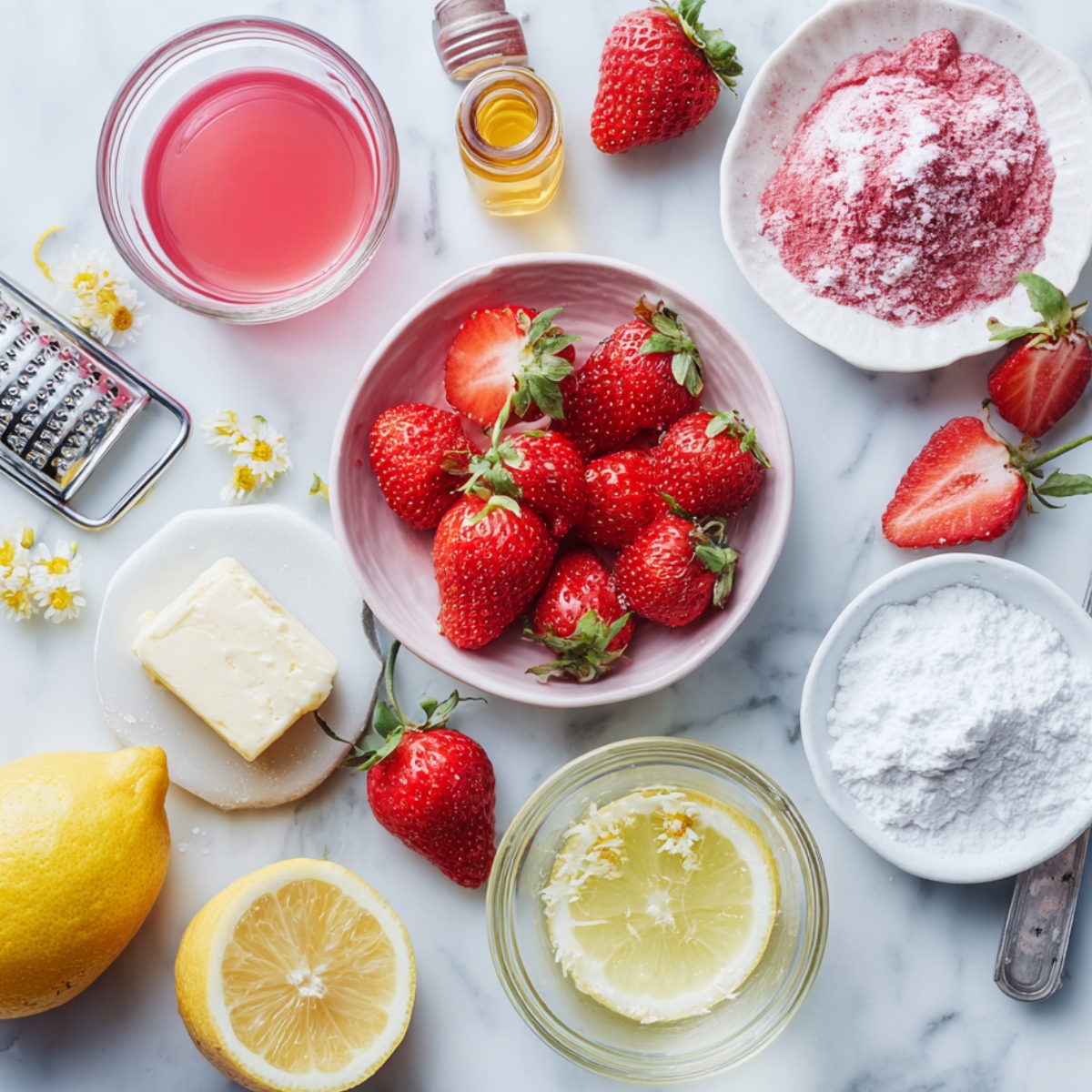 Fresh ingredients for strawberry lemonade cookies on a marble surface, including strawberries, lemon, powdered sugar, butter, pink liquid, lemon zest, and strawberry powder.