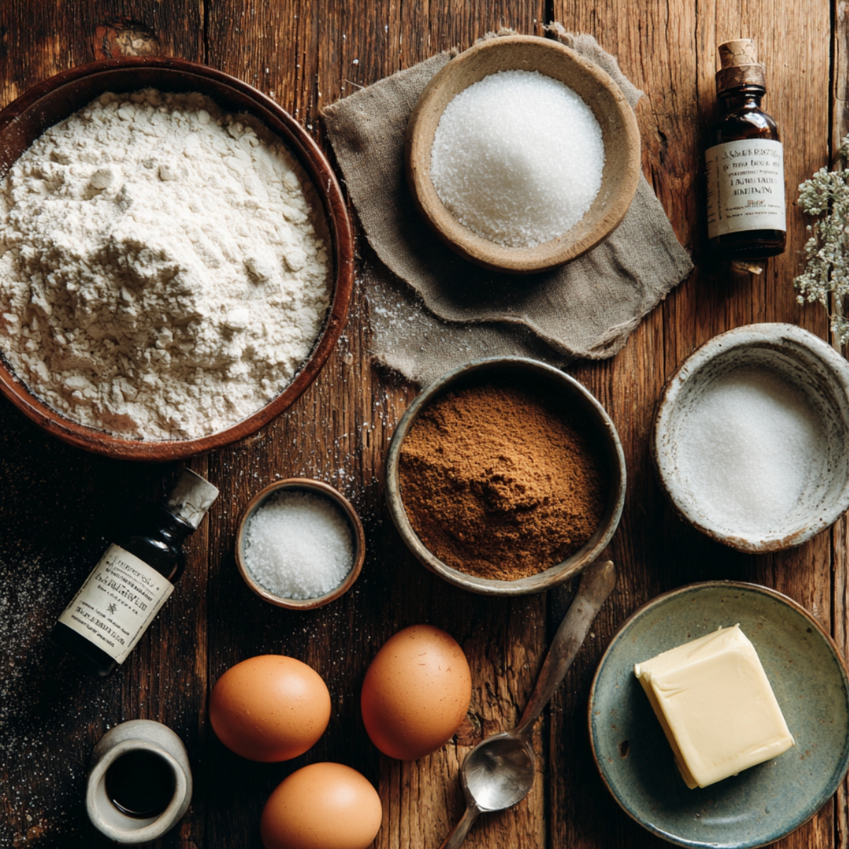 Rustic flat lay of baking ingredients for homemade cookies: flour, white sugar, brown sugar, eggs, butter, vanilla extract, and salt on a wooden table.