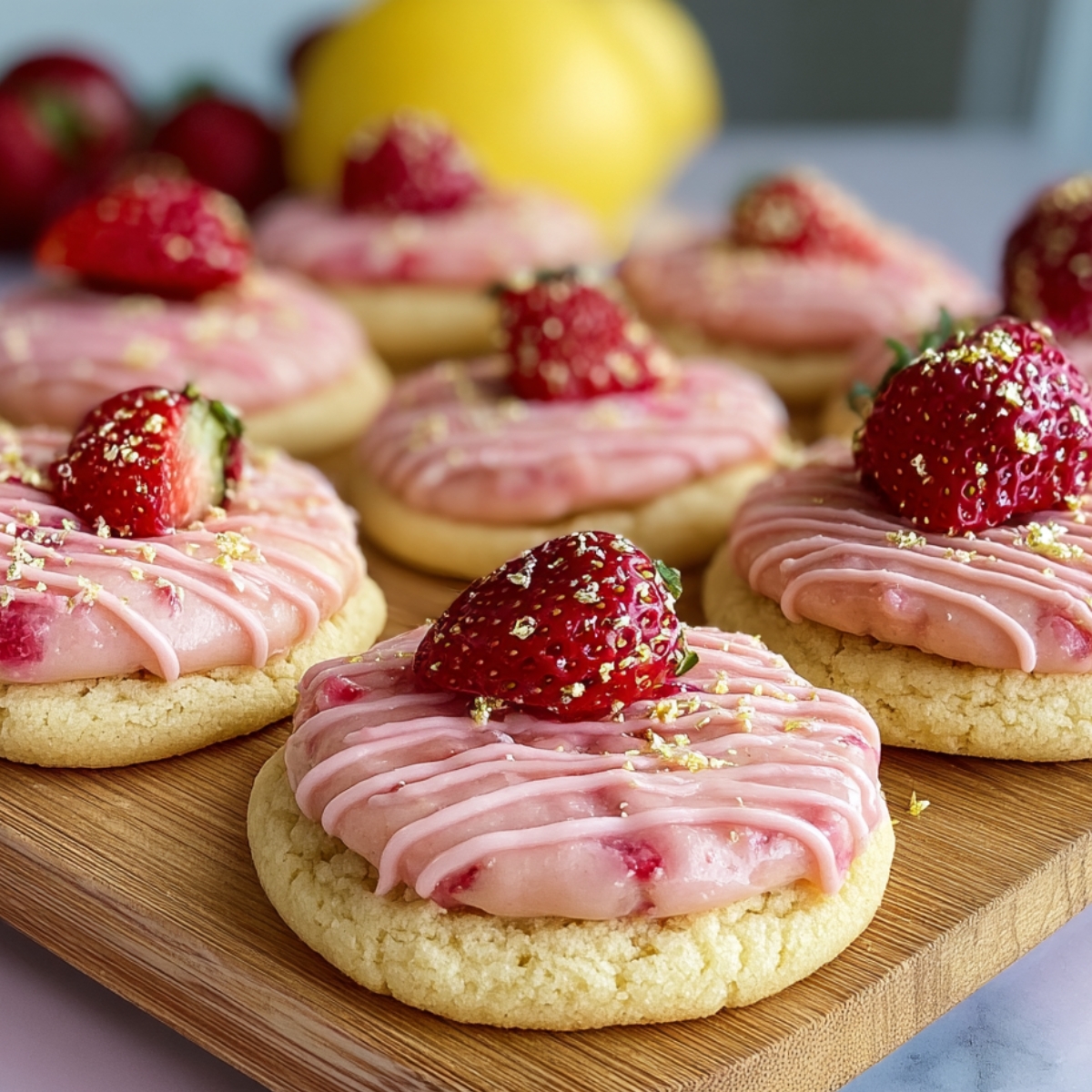 Strawberry lemonade cookies with pink berry frosting, pink drizzle, gold flakes, and fresh strawberry halves on top, served on a wooden board with lemons and strawberries in the background.