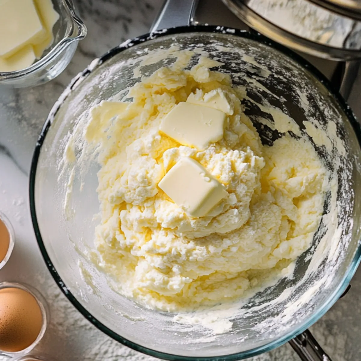 Softened butter and creamed sugar in a glass mixing bowl, surrounded by eggs and flour, mid-step in making Italian wedding cookies.