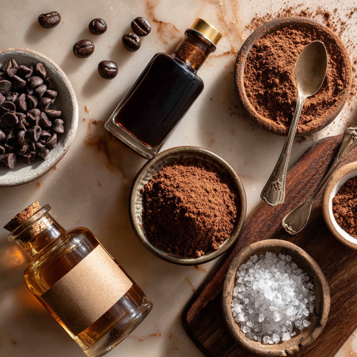 Tiramisu flavor boosters including cocoa powder, chocolate chips, rum, coffee liqueur, sea salt, and coffee beans arranged on a marble counter with natural light.