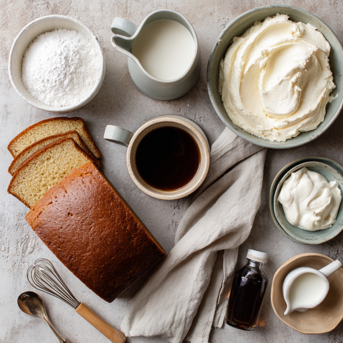 Tiramisu ball base ingredients including sliced pound cake, mascarpone, heavy cream, powdered sugar, vanilla extract, and coffee arranged on a stone surface with a whisk and measuring spoons.