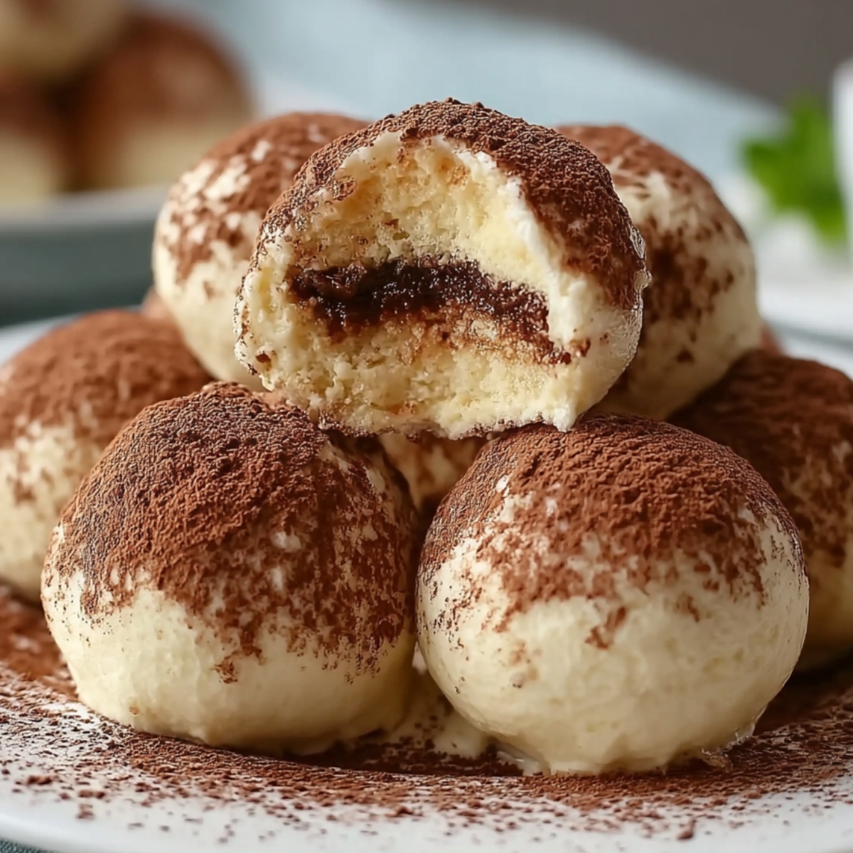 Stack of homemade tiramisu balls on a white plate, coated in mascarpone and dusted with cocoa powder, with one bitten to show layers of soft cake and a rich chocolate-coffee center.