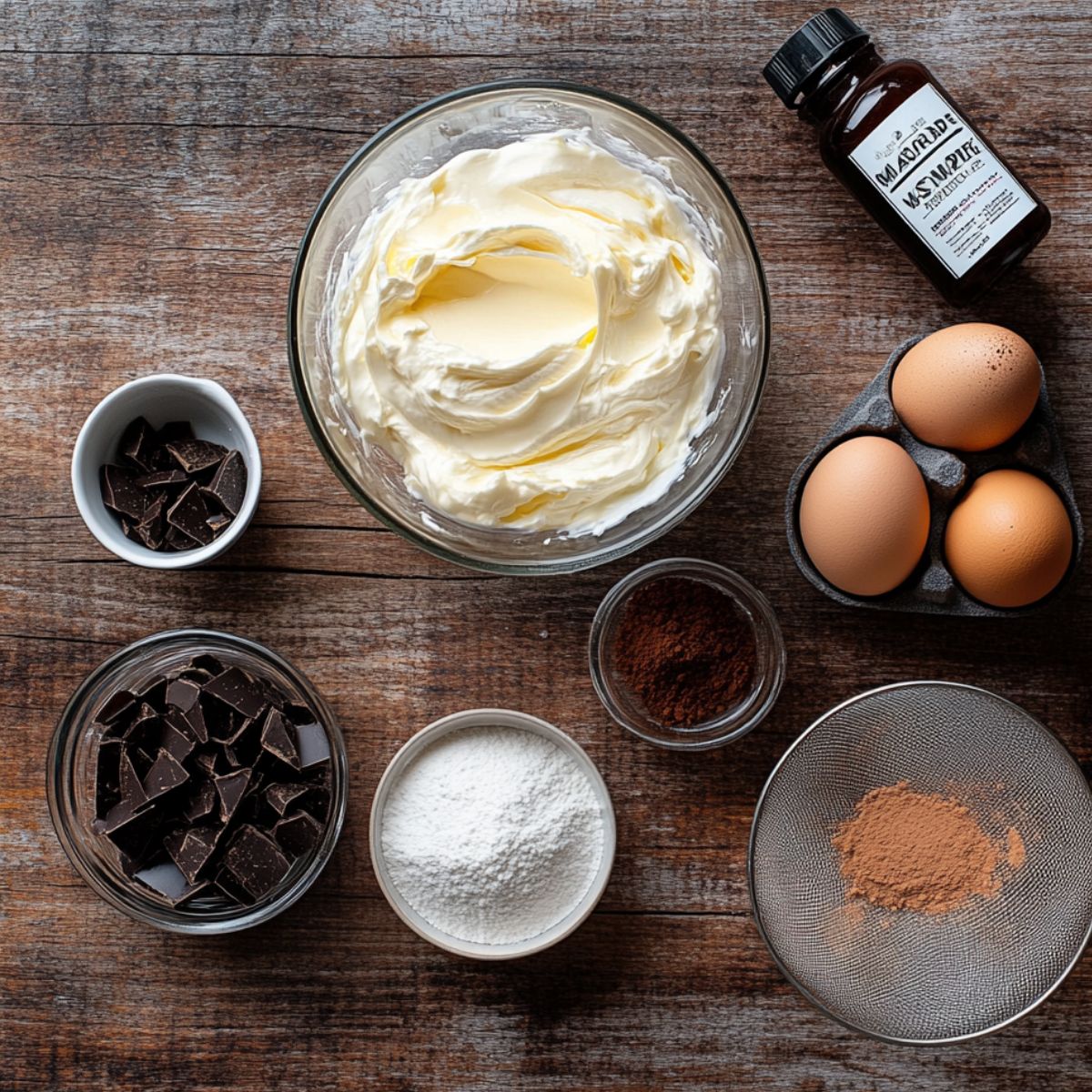 Tiramisu ingredients on a wooden surface, including a bowl of whipped mascarpone cream, eggs, vanilla extract, powdered sugar, cocoa powder, dark chocolate chunks, and a mesh sifter.
