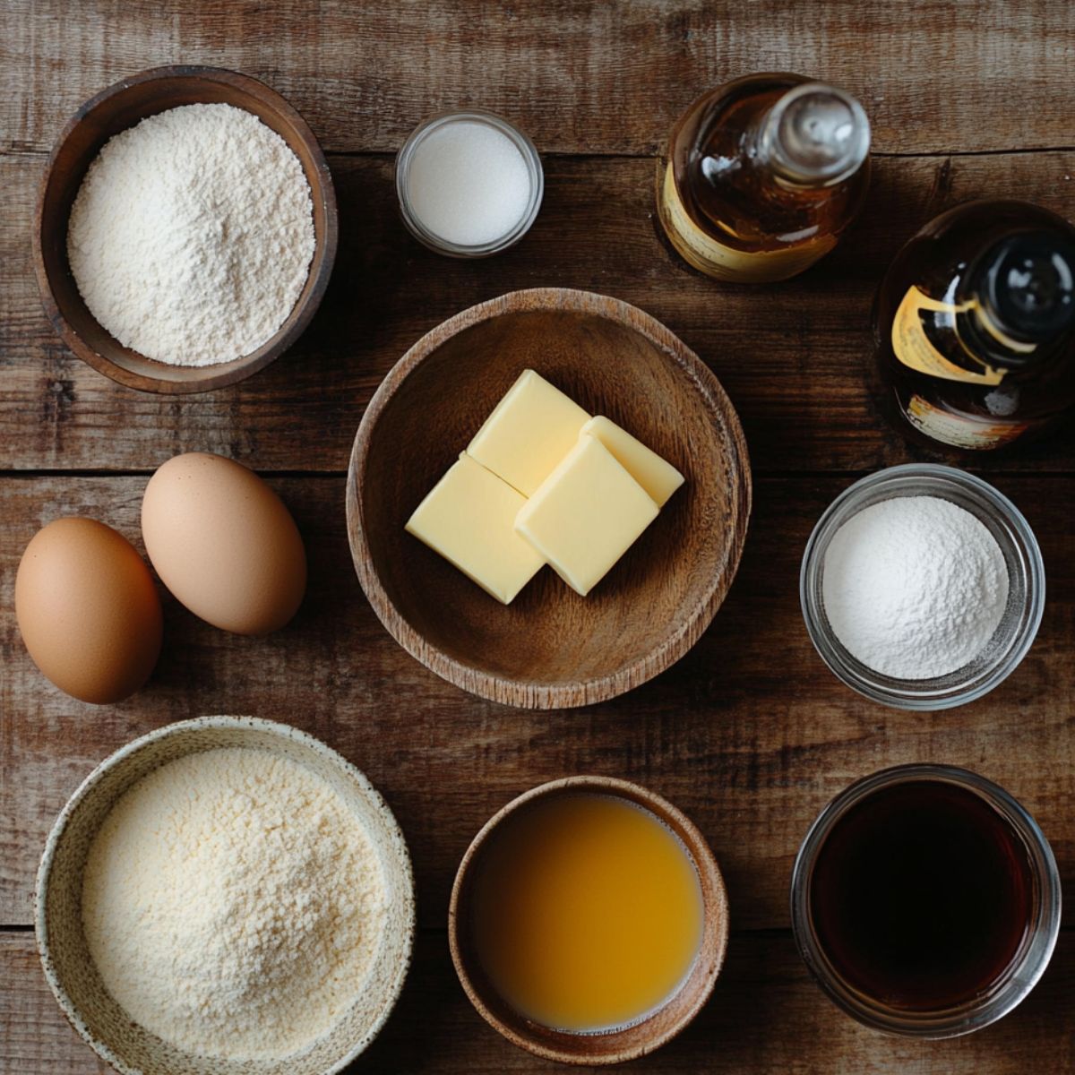 Tiramisu ingredients on a wooden surface, including eggs, butter, flour, sugars, coffee, liqueur, and powdered cheese, arranged in bowls and jars.
