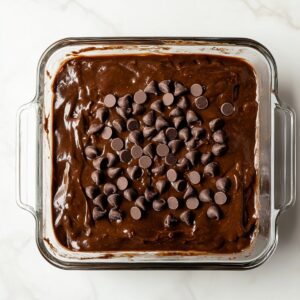 Unbaked black bean brownie batter in a square glass baking dish, topped with a cluster of semi-sweet chocolate chips, ready to go in the oven.