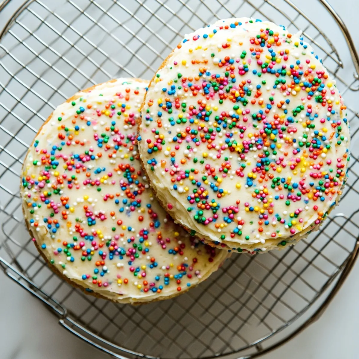 Two frosted Funfetti cake layers topped with rainbow sprinkles, cooling on a round wire rack.