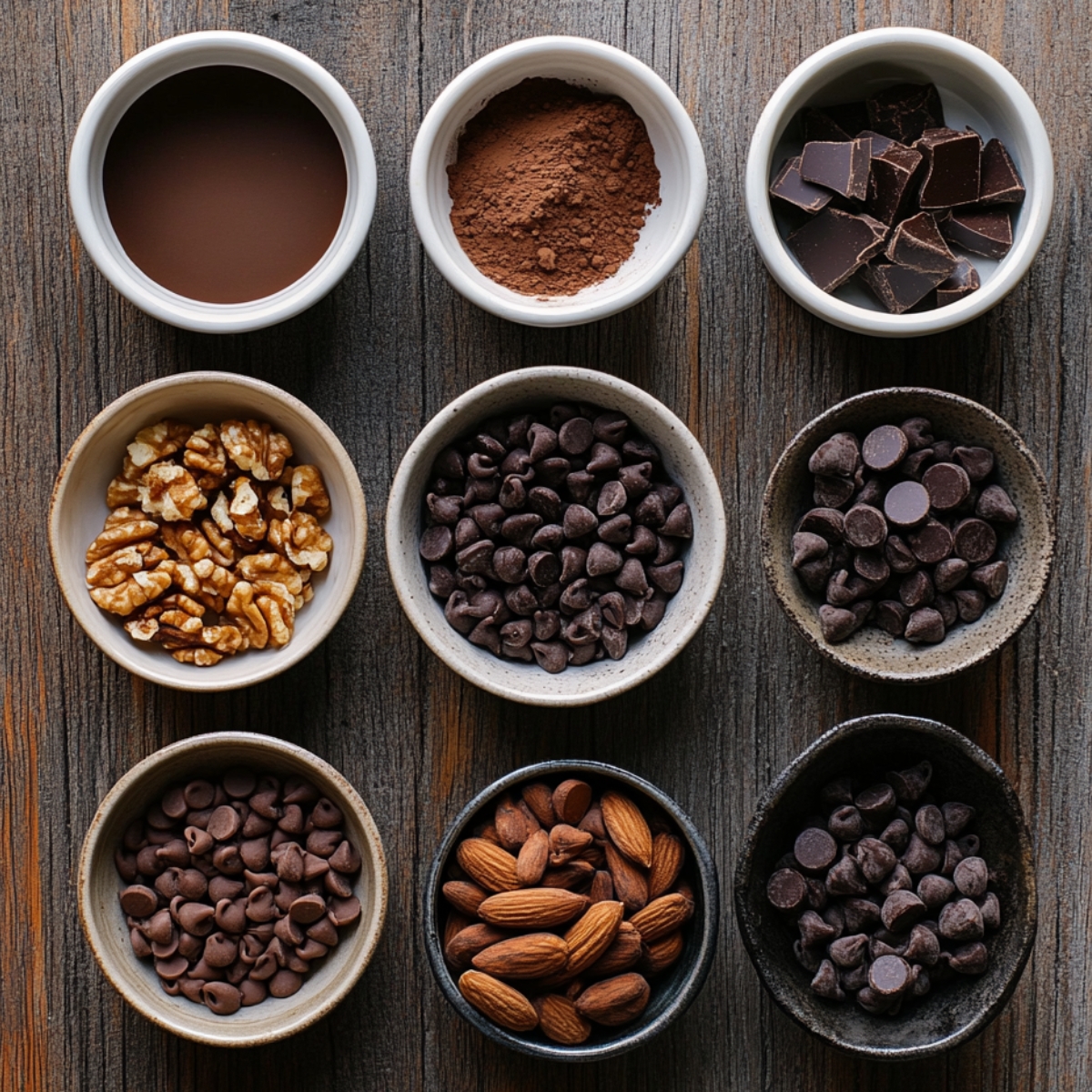 An overhead view of small ceramic bowls filled with brownie mix-ins like walnuts, chocolate chips, dark chocolate chunks, almonds, cocoa powder, and melted chocolate, arranged on a rustic wooden surface.