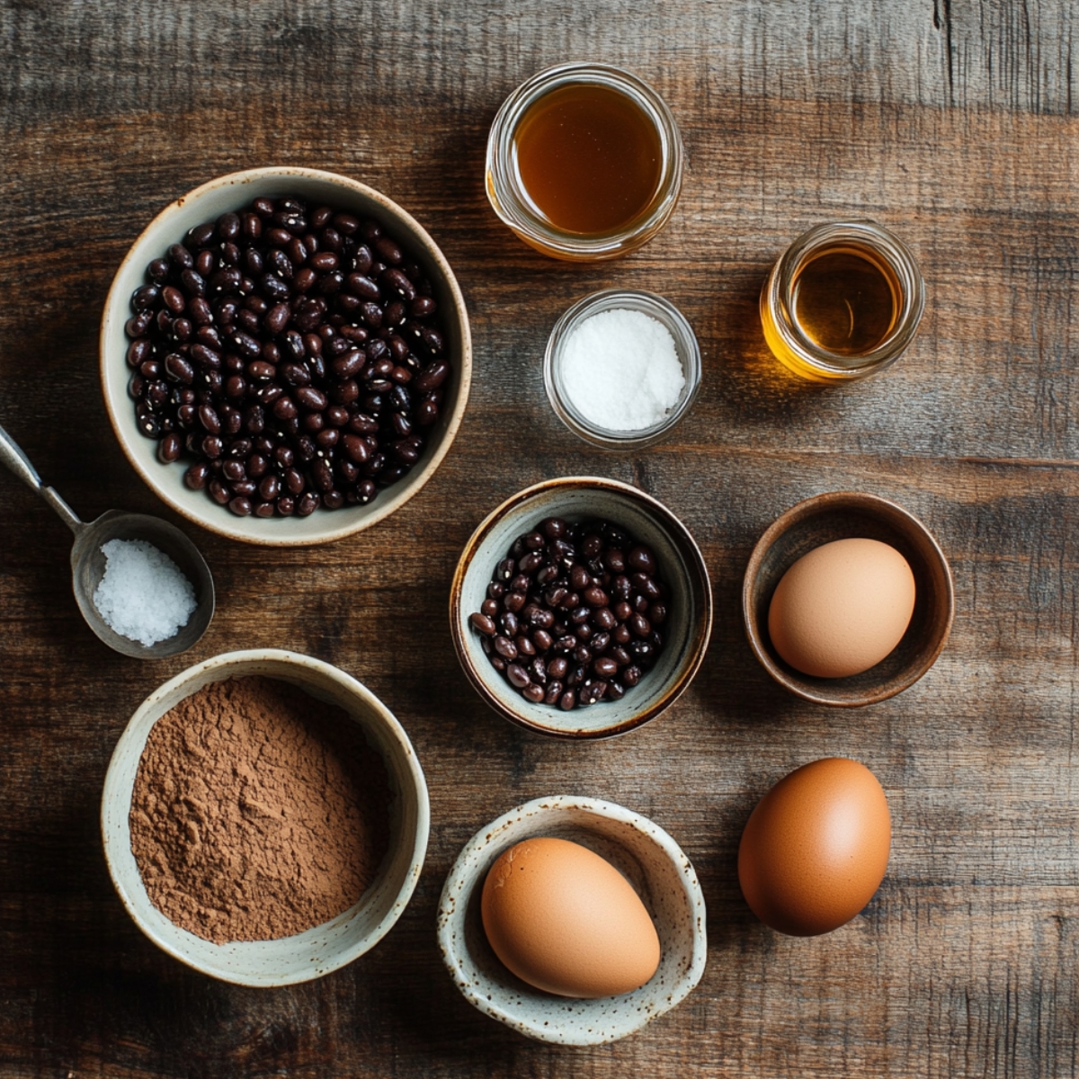 Ingredients for black bean brownies arranged on a rustic wooden surface, including black beans, eggs, cocoa powder, salt, honey, oil, and baking powder in ceramic bowls and glass jars.