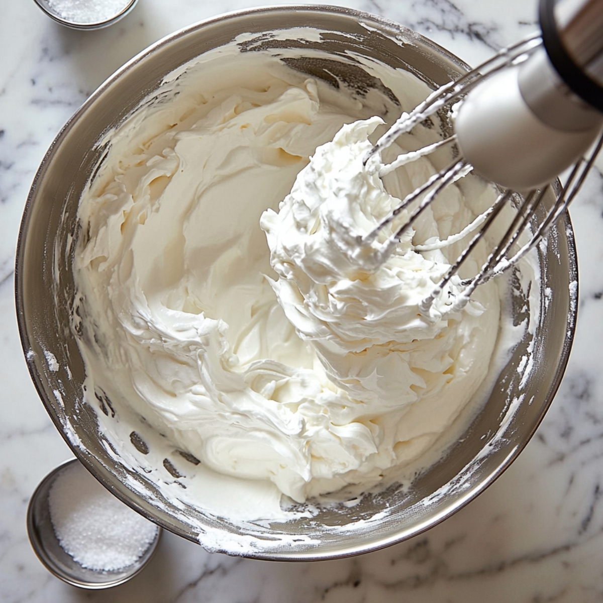 Stiffly whipped egg whites in a metal mixing bowl with a stand mixer whisk attachment, ready for folding into flourless chocolate cake batter; sugar nearby on a marble countertop.