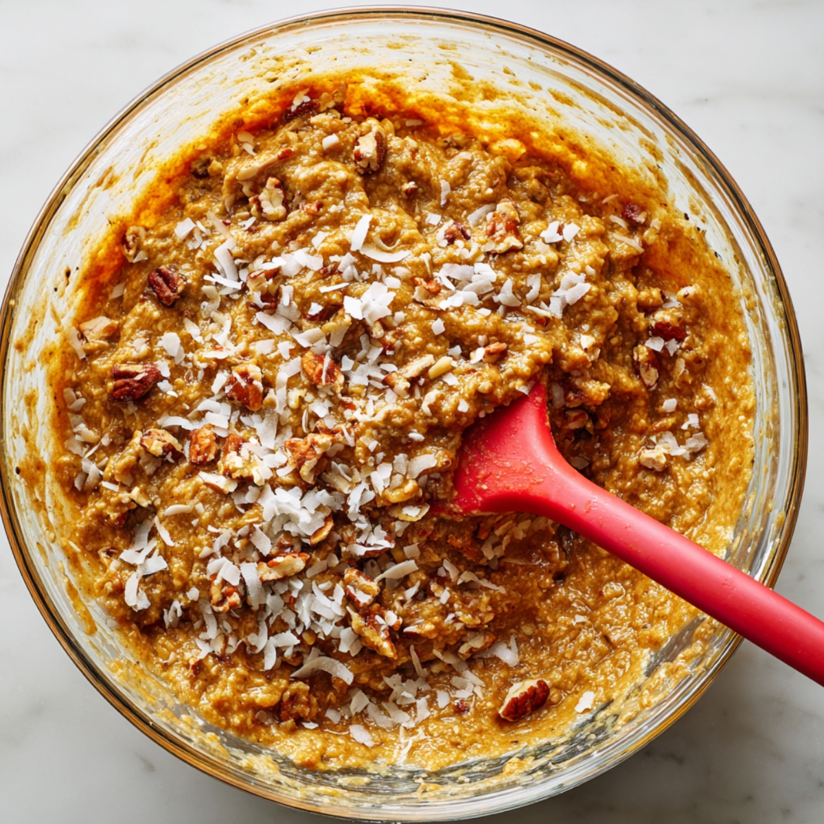 Glass bowl of golden sawdust pie batter with pecans and coconut, stirred with a red spatula on marble.