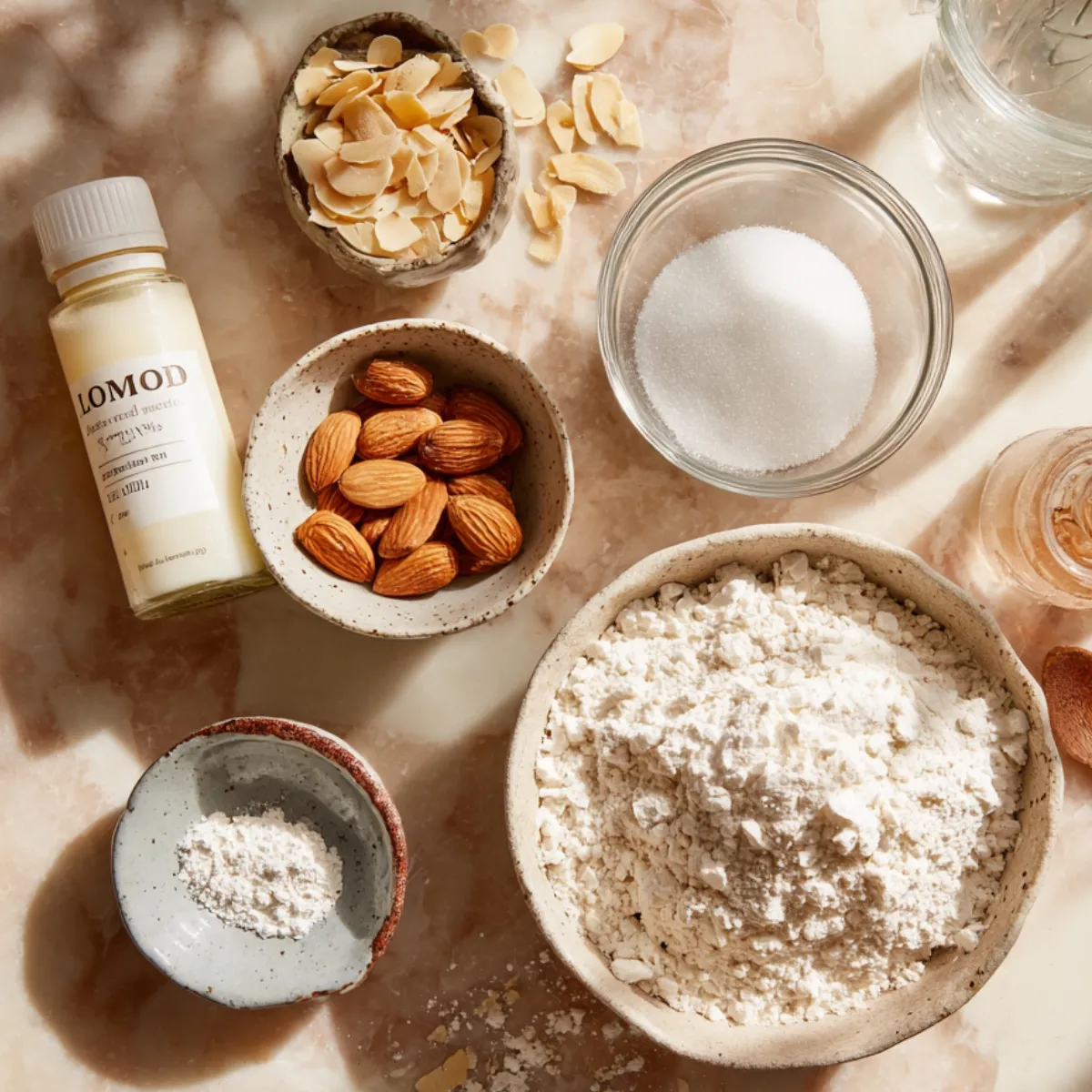 Top-down view of ingredients for almond poppy seed muffins, including a bowl of flour, granulated sugar, raw almonds, sliced almonds, almond extract, and baking powder, arranged on a marble surface in natural sunlight.