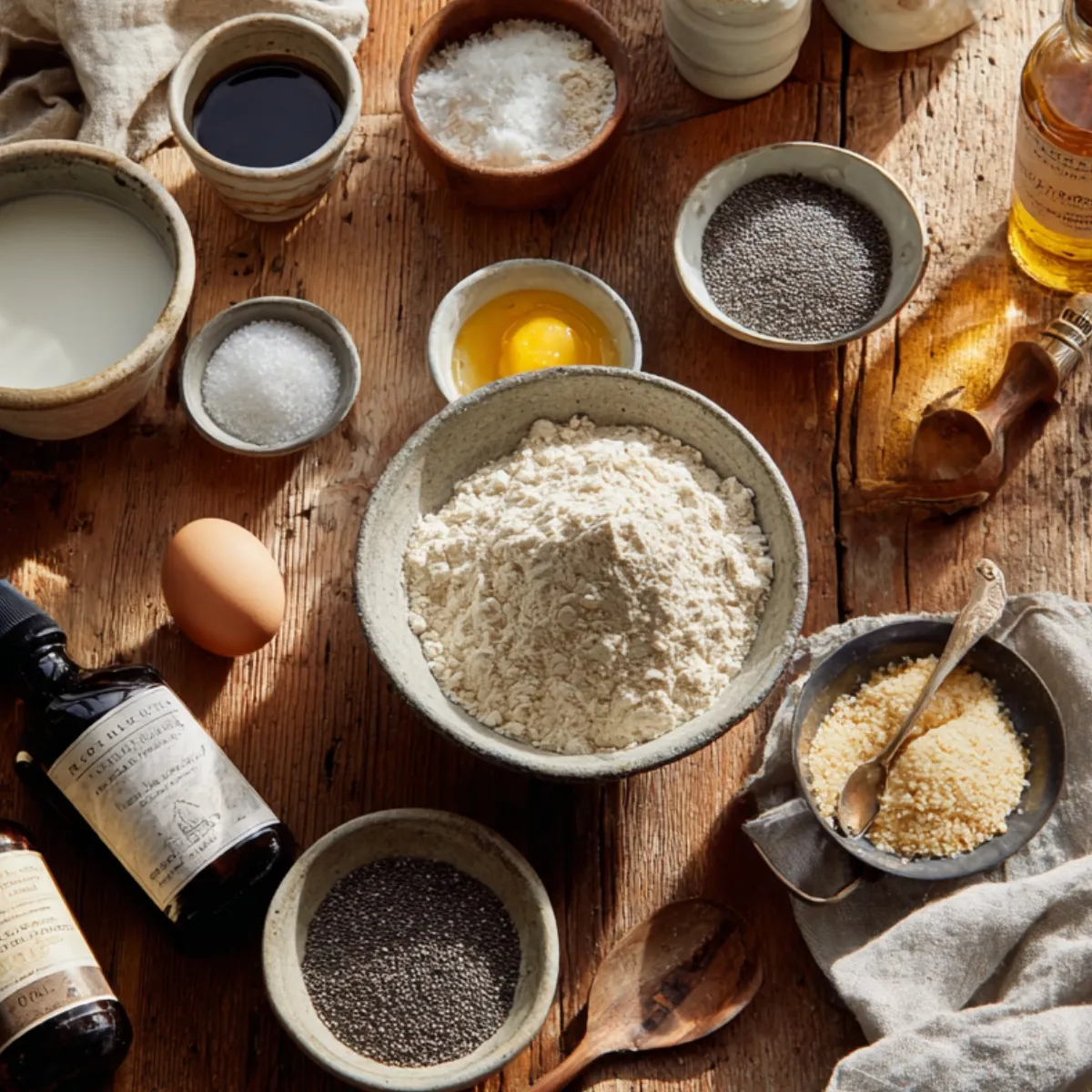 Flat-lay of ingredients for homemade almond poppy seed muffins on a rustic wooden table, including flour, eggs, milk, sugar, poppy seeds, almond extract, vanilla extract, oil, and baking essentials in ceramic bowls.