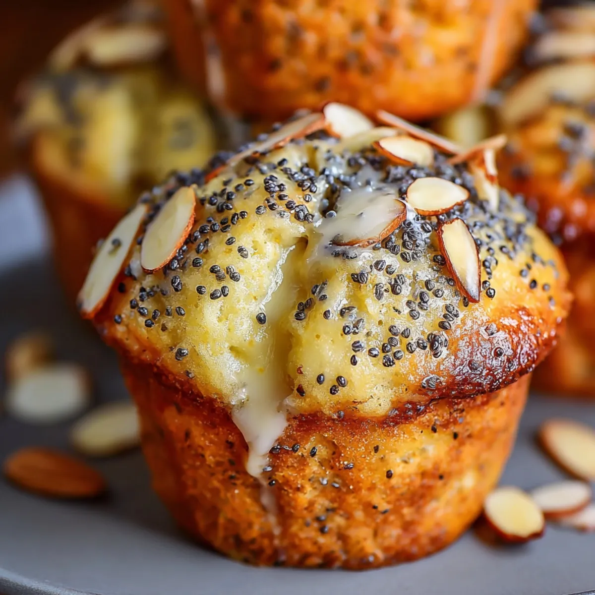 Almond Poppy Seed Muffins topped with sliced almonds and glaze, sitting on a wooden surface with whole almonds and a coffee cup in the background.