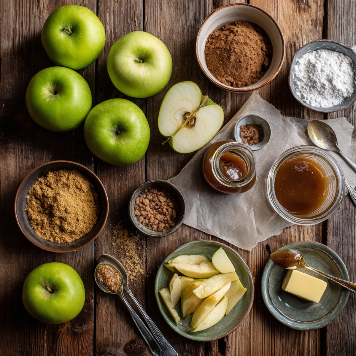Overhead view of Granny Smith apples, sliced apples, sugars, cinnamon, nutmeg, butter, and caramel sauce arranged on a rustic wooden table.