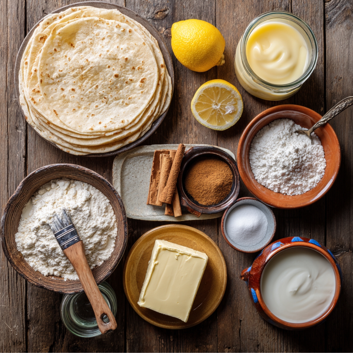 Overhead view of tortillas, butter, cinnamon sugar, cream cheese, powdered sugar, vanilla, heavy cream, and lemon on a rustic wooden table.