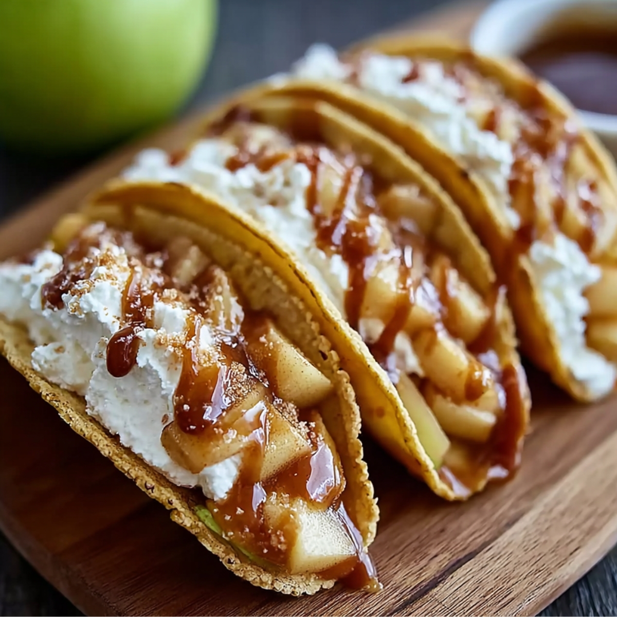 Apple cheesecake tacos with cinnamon sugar shells, whipped cheesecake filling, diced apples, and caramel drizzle on a wooden board.