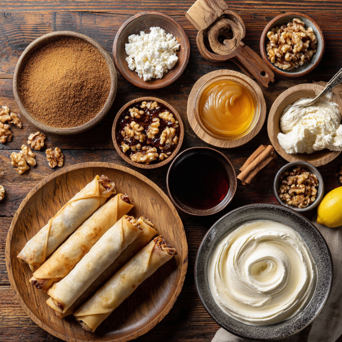 Top-down view of dessert egg roll ingredients on a rustic wooden table, including rolled egg rolls, brown sugar, ricotta, cream cheese, caramel sauce, honey, walnuts, cinnamon sticks, and a lemon.