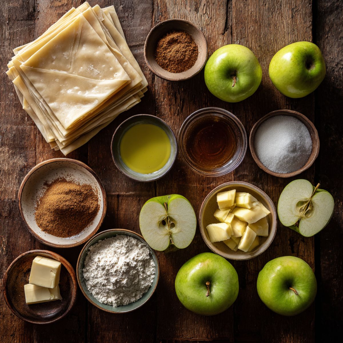 Top-down view of apple pie egg roll ingredients on a rustic wooden table, including egg roll wrappers, Granny Smith apples, cinnamon, sugars, flour, butter, oil, and vanilla.