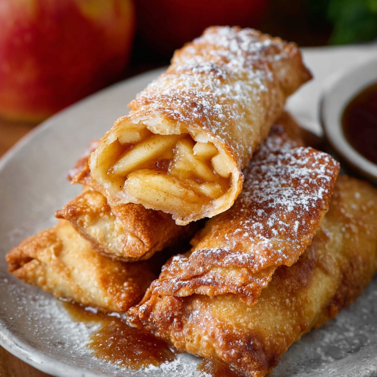 Golden, crispy homemade apple pie egg rolls on a gray plate, dusted with powdered sugar, filled with cinnamon-apple filling, with caramel sauce and apples in the background.
