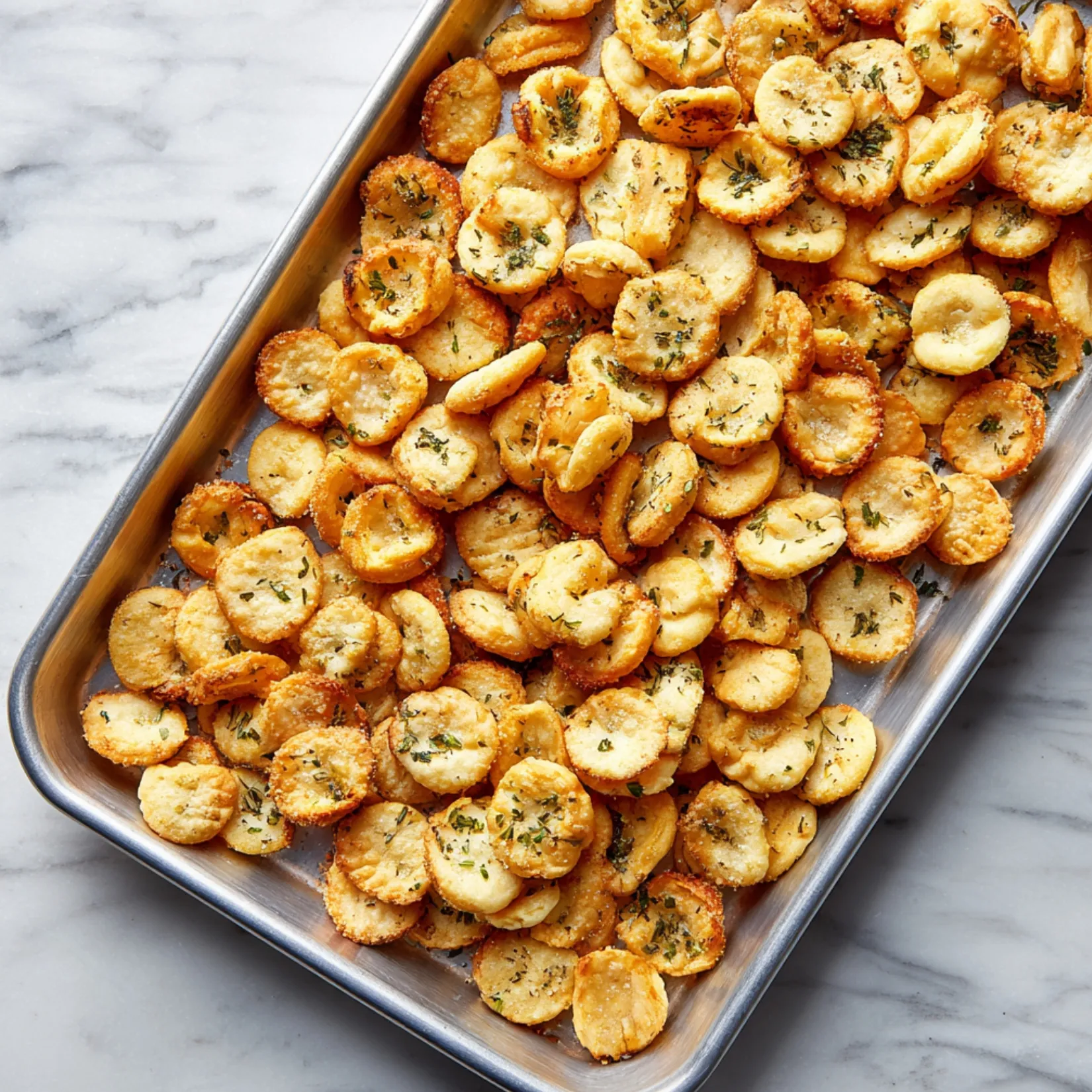 Golden, homemade ranch oyster crackers on a silver baking sheet, sprinkled with herbs and baked until crisp.