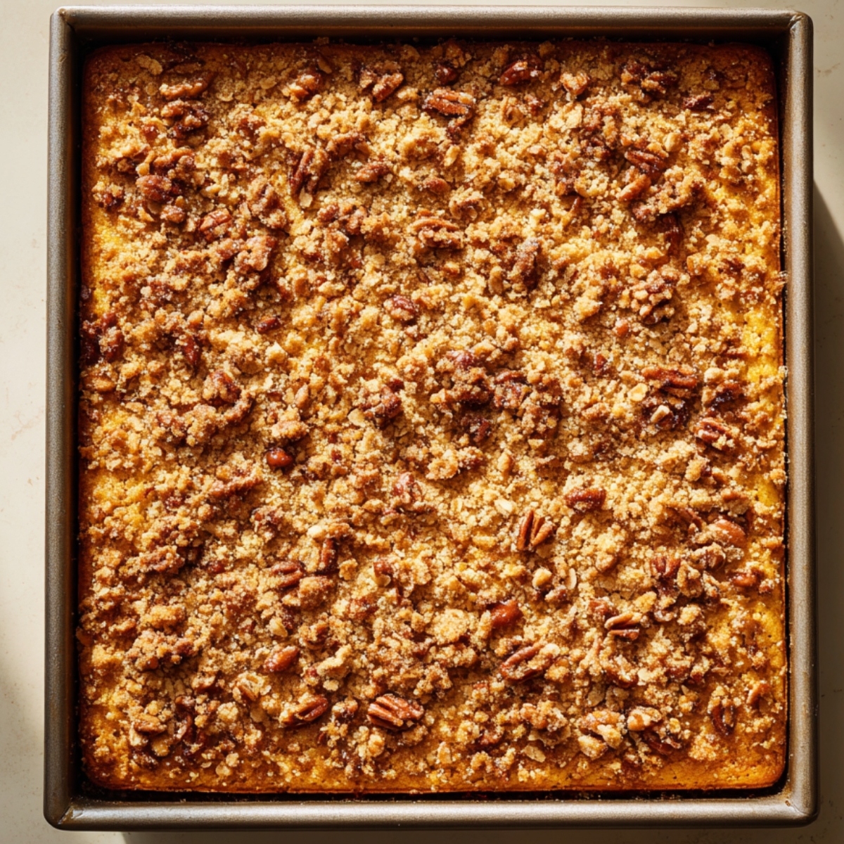 A realistic photo of a freshly baked pumpkin crunch cake in a square metal pan, with a golden-brown crumbly topping and toasted pecans scattered across the surface, lit by warm natural sunlight.