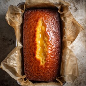 Homemade lemon drizzle cake in a parchment-lined tin, golden brown with a crack in the center filled with glossy lemon syrup.